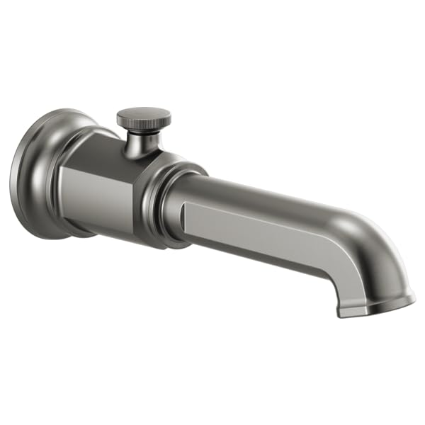 Luxe steel tub spout with diverter knob and curved outlet, wall-mounted design.