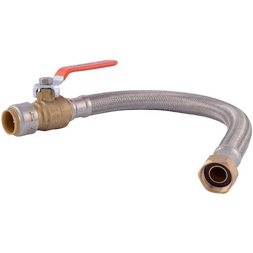 Brass ball valve with red lever handle connected to 18-inch braided stainless steel flexible hose with female connectors on b