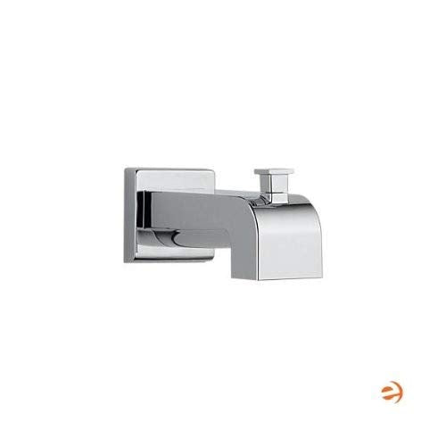 Chrome tub spout with pull-up diverter and square wall mount.
