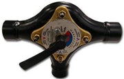 3/4" brass 3-way mixing valve with black ports and temperature adjustment handle.