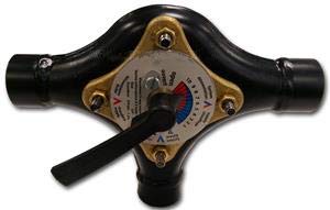 3/4" brass 3-way mixing valve with black ports and temperature adjustment handle.