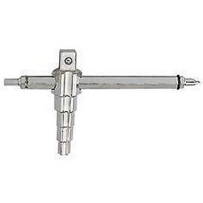 Metal universal key with cross-shaped head and horizontal shaft with threaded connectors on ends.