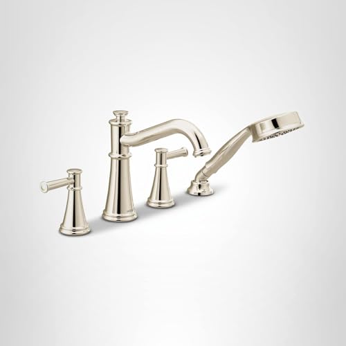 Polished nickel roman tub faucet trim kit with two handles, curved spout, and detachable handshower.