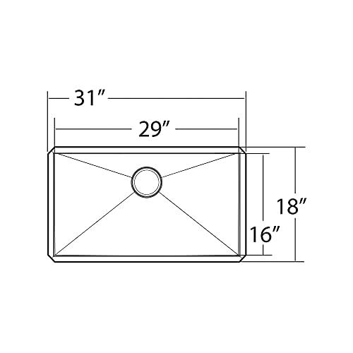 Stainless steel undermount kitchen sink with single bowl, measuring 31 by 18 inches, shown in top-down schematic view.