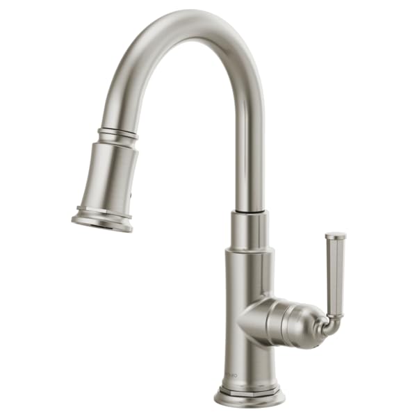 Stainless steel pull-down prep faucet with curved spout and single lever handle.