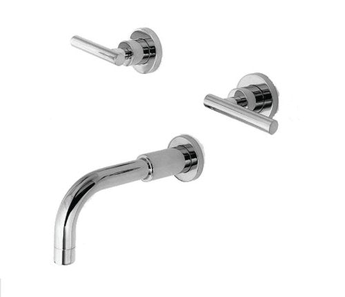Satin nickel wall-mount tub faucet with curved spout and two lever handles.