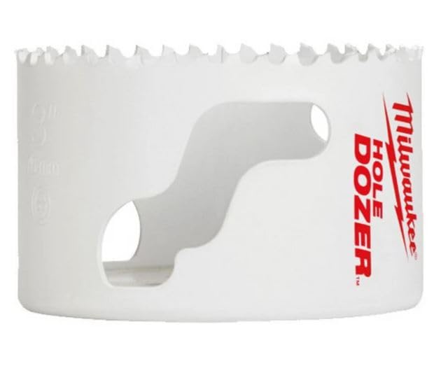 White bi-metal hole saw with serrated cutting edge and mounting holes on cylindrical body.