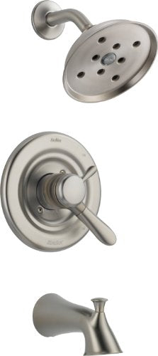 Brushed nickel shower trim with round showerhead, valve trim ring with lever handle, and tub spout.