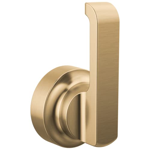 Champagne bronze lever handle for floor-mounted tub filler with curved spout and rectangular vertical mounting plate.
