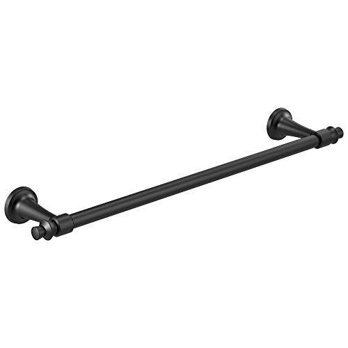 Black metal towel bar with decorative flanged wall mounts on each end.