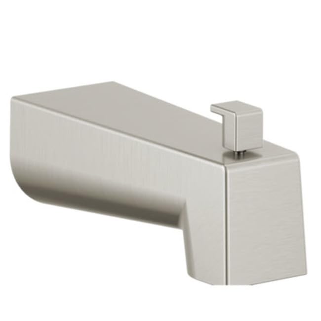 Stainless steel tub spout with pull-up diverter and modern rectangular design.