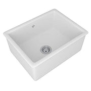 White fireclay single bowl kitchen sink with rounded corners and a drain hole in the center.