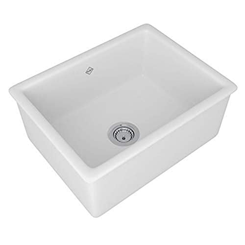 White fireclay single bowl kitchen sink with rounded corners and a drain hole in the center.