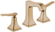 Brushed bronze widespread bathroom faucet with two lever handles and tall spout in geometric Metropol design.