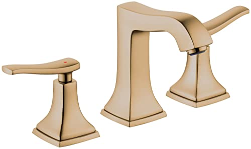 Brushed bronze widespread bathroom faucet with two lever handles and tall spout in geometric Metropol design.