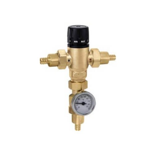 Brass 3-way mixing valve with black adjustment dial on top, temperature gauge below, and PEX crimp connections on three sides
