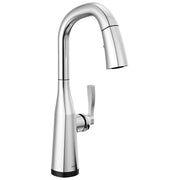 Chrome single-handle kitchen faucet with pull-down spray head and touch activation base.