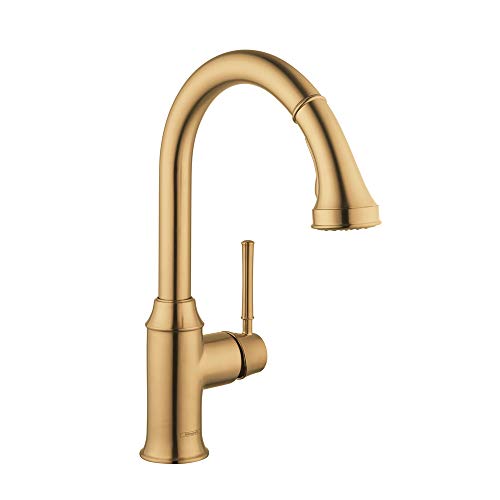 Brushed gold high-arc kitchen faucet with pull-down spray head and single lever handle.