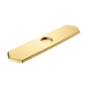 Brushed gold rectangular base plate with single center hole for kitchen faucet installation.