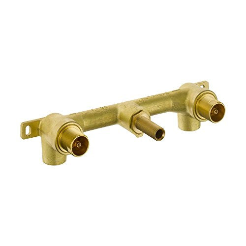 Brass wall-mounted valve body with two handle ports and threaded outlet connections for plumbing installation.