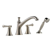 Brushed nickel Roman tub trim set with curved spout, two lever handles, and hand shower on stand.