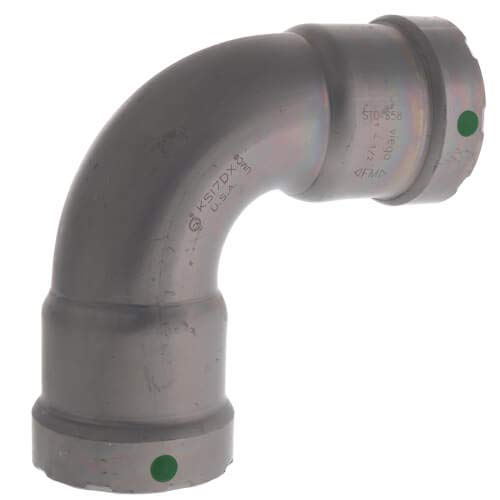 Viega MegaPress 1-1/2" carbon steel 90-degree elbow with zinc-nickel coating and green indicator dots.
