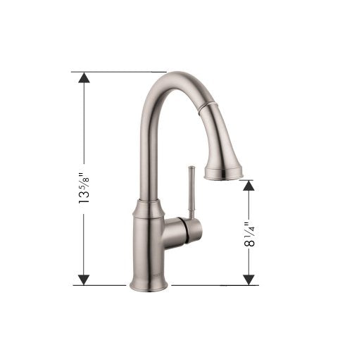 Steel Optic pull-down kitchen faucet with curved spout and side lever handle, shown with dimension measurements.