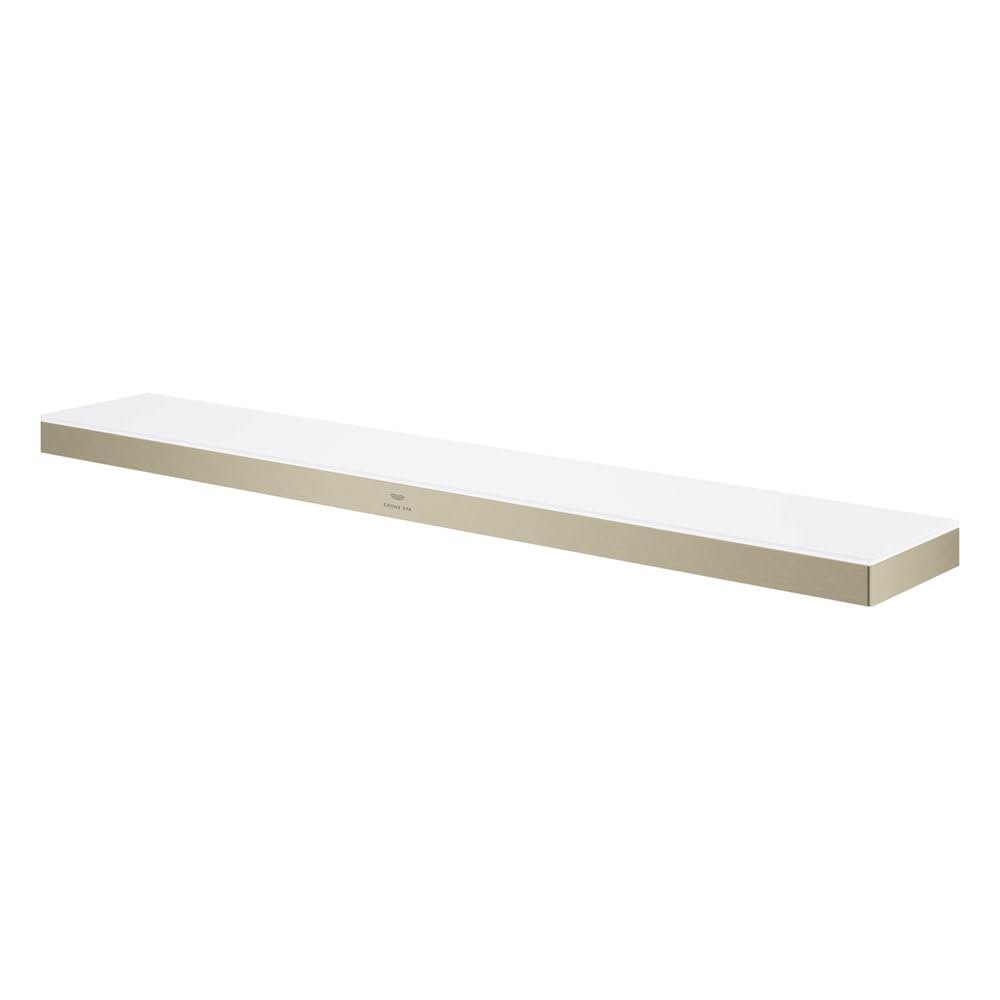 Grohe Allure chrome bathroom shelf with white surface and brushed metal frame, viewed at angle.