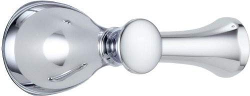 Chrome metal lever handle kit with round decorative plate and extended arm for tub and shower control.