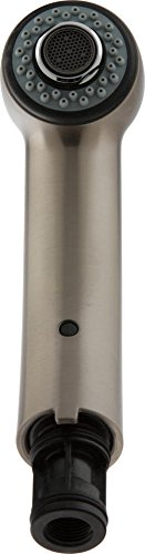 Stainless steel wand assembly with black rubber grip and perforated spray head attachment.