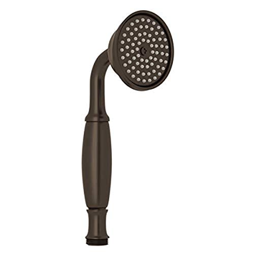 Tuscan brass single function handshower with round perforated head and curved handle.