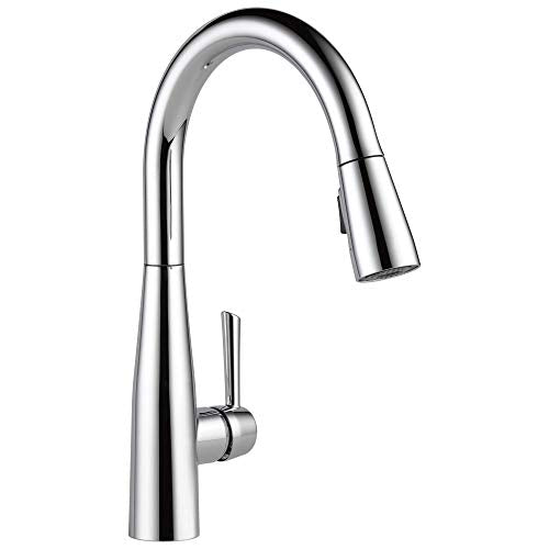 Chrome single-handle kitchen faucet with curved spout and pull-down spray head.