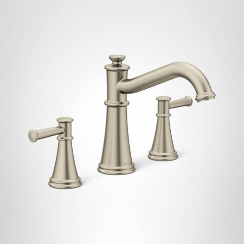 Brushed nickel three-piece roman tub faucet with two lever handles and curved spout.