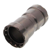 Silver metal press coupling with ribbed grip section and black interior sleeve on cylindrical body.