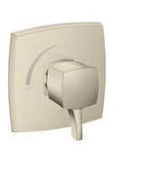 Brushed nickel square pressure balance valve trim with single lever handle and curved escutcheon plate.