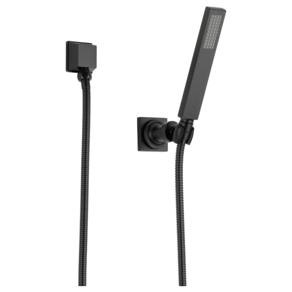 Matte black wall-mounted hand shower with square escutcheon, flexible hose, and adjustable holder bracket.
