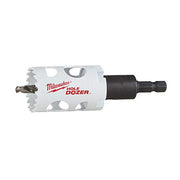 White bi-metal hole saw with black arbor shaft and Milwaukee branding on cylindrical body.