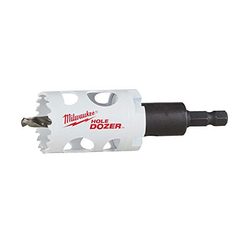 White bi-metal hole saw with black arbor shaft and Milwaukee branding on cylindrical body.