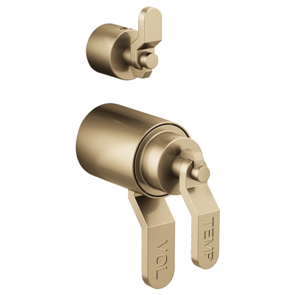 Champagne bronze thermostatic valve with integrated diverter and dual industrial lever handles shown in two angles.