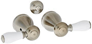 Stainless steel and white porcelain lever bathroom faucet handle set with circular mounting plates.
