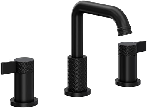 Matte black three-piece lavatory faucet with U-shaped spout and crosshatch-textured handles.