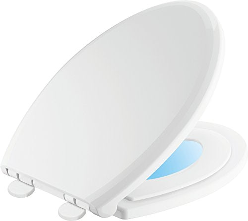 White elongated toilet seat with slow-close mechanism, quick-release hinges, and integrated nightlight feature.