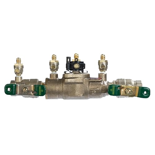 Bronze double check backflow preventer with 3/4 inch connections and green quarter turn shut-off valves on both sides.