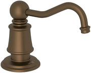 English bronze soap dispenser with bell-shaped pump body, spherical top, and curved spout.