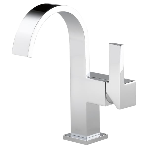 Chrome single-handle bathroom faucet with curved spout and square base.