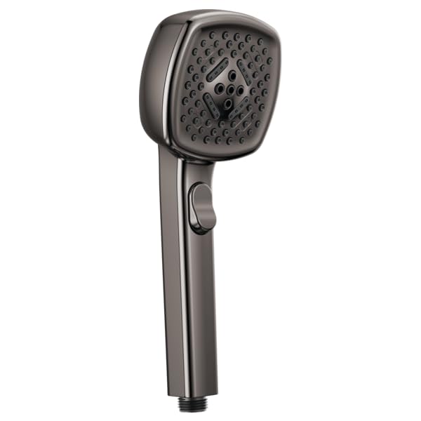 Square gunmetal handshower with perforated face and grip trigger, featuring multiple spray patterns.