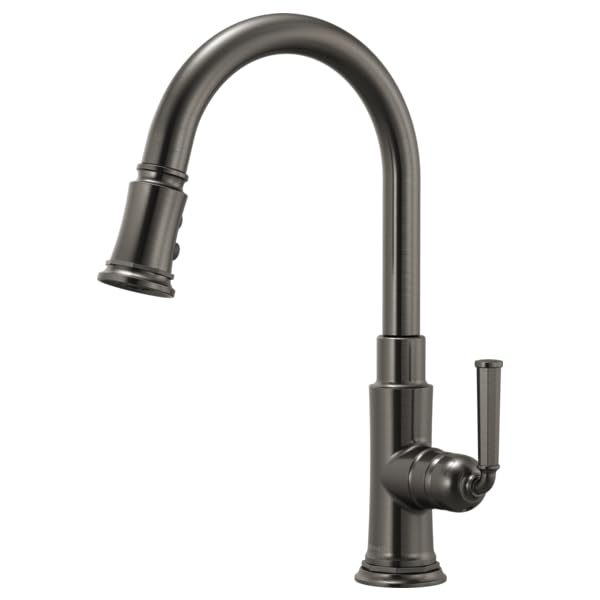 Dark gray pull-down kitchen faucet with curved spout and single lever handle.