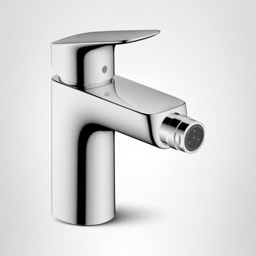 Chrome single-hole bidet faucet with curved spout and control lever on white background.