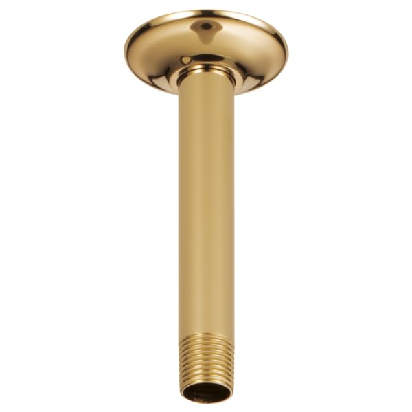 Polished gold ceiling-mount shower arm with round flange and threaded connection.
