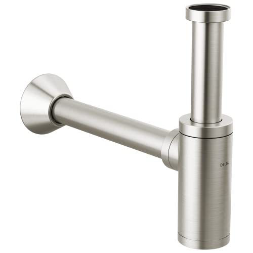 Brushed nickel bottle trap with wall-mounted collar and vertical drain pipe assembly.